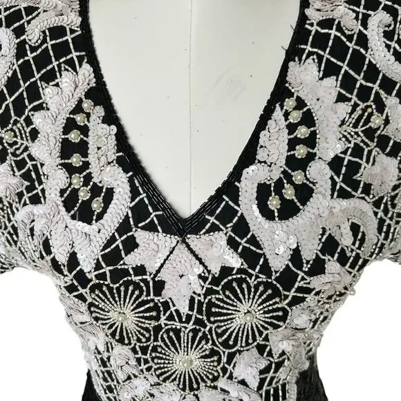 Vintage 80s Beaded Sequined Party Cocktail Mini Dress Carina Black White M Glam